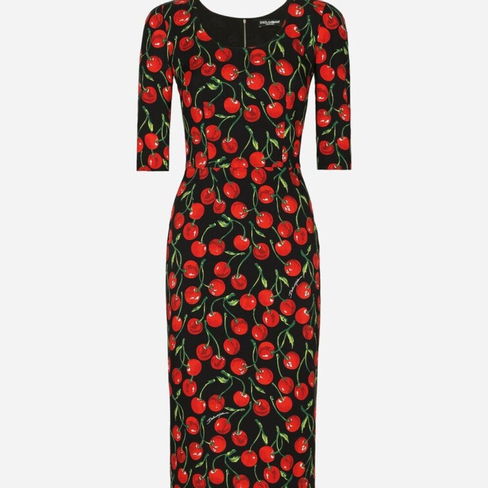 Dolce & Gabbana Cherry-print charmeuse calf-length dress NWT